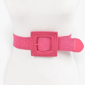 BNWT Brand New Raffia Square Buckle Faux Straw Elastic Fashion Belt - FUCHSIA